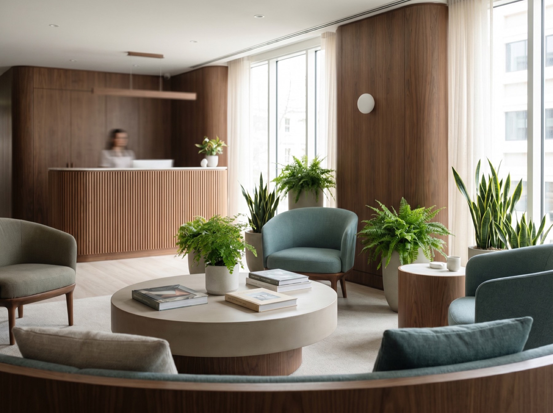 Bright, modern Marin Dental Studio waiting lounge with plants and warm wood